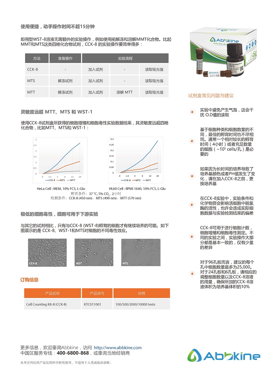 CCK-8细胞增殖/毒性检测试剂盒-产品手册